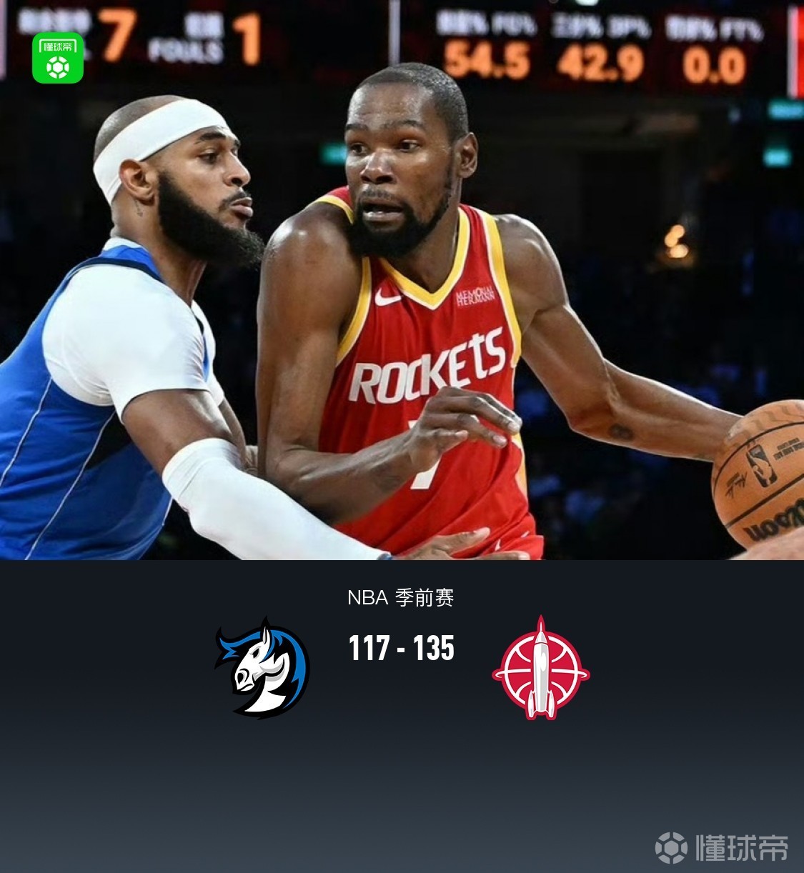 NBA中国赛：火箭135-117独行侠，杜兰特15分，弗拉格半场19+6
